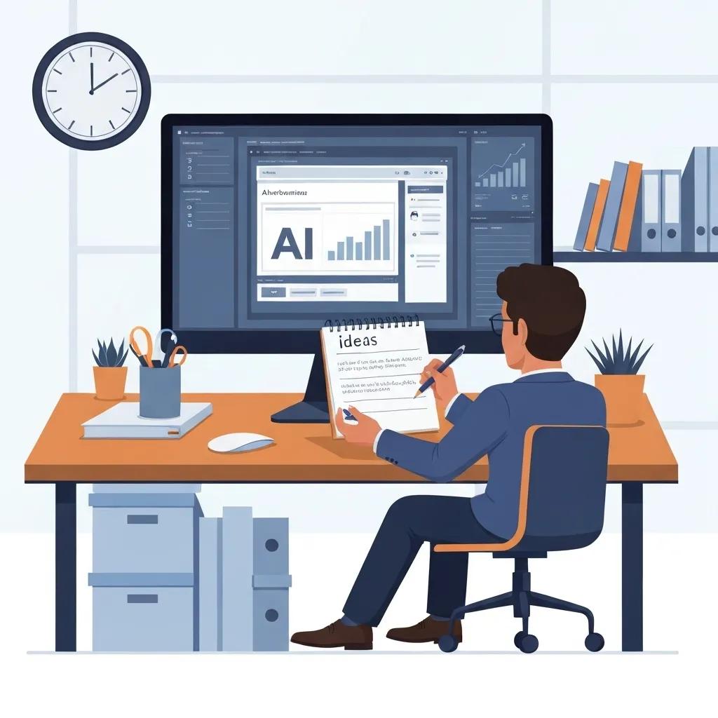 A professional integrating AI tools into their daily workflow in a modern office, highlighting productivity and efficiency