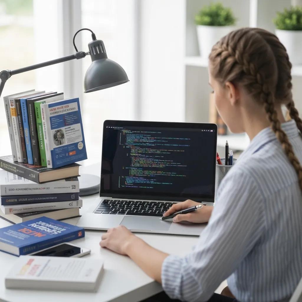 A professional learning essential AI skills in a bright workspace, emphasizing personal growth and upskilling
