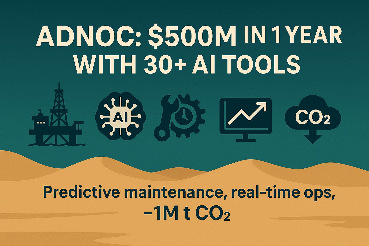 ADNOC oil and gas facility with AI-powered predictive maintenance systems monitoring equipment to prevent unplanned shutdowns and generate $500 million in value