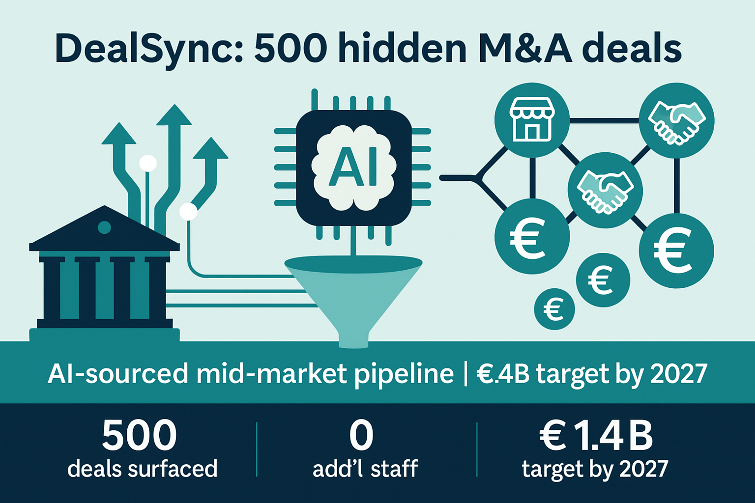 UniCredit DealSync AI platform dashboard showing 500 mid-market M&A deal opportunities identified through machine learning algorithms