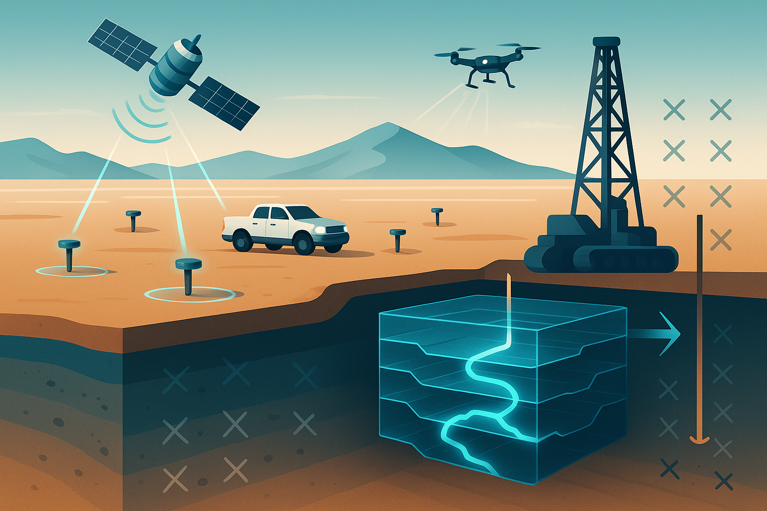 AI-powered 3D subsurface mapping technology identifying lithium drill targets for Rio Tinto mining exploration without traditional drilling methods