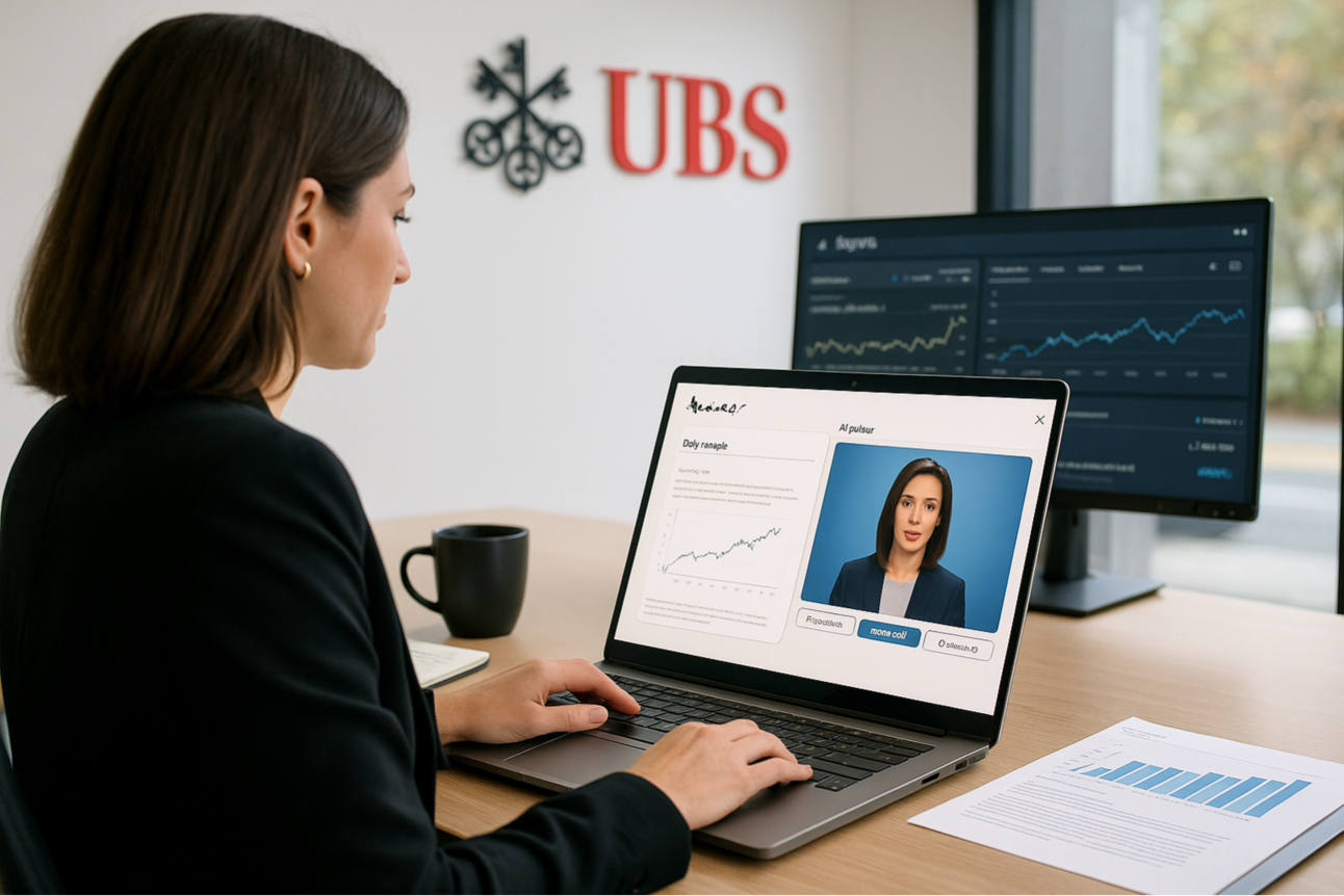UBS financial analyst AI avatar presenting investment research through synthetic video technology, enabling 5x increase in video production capacity