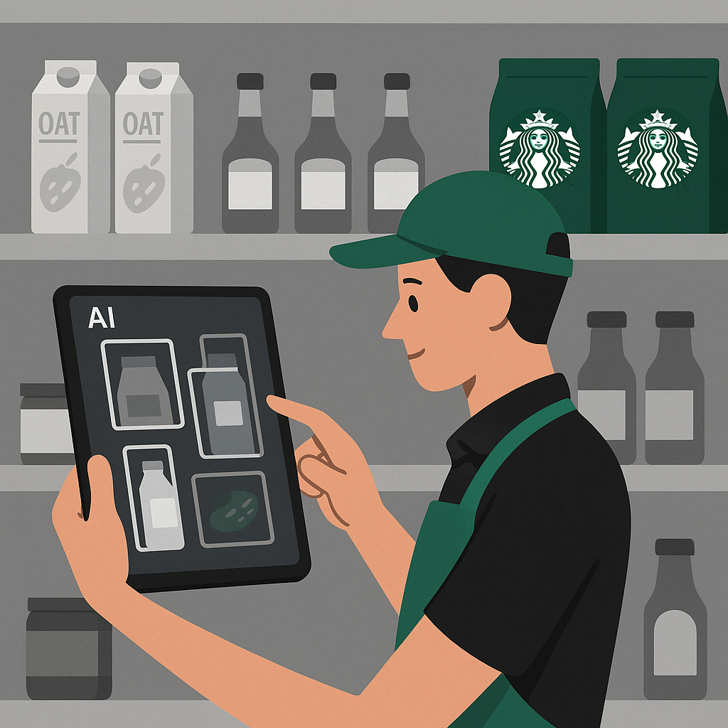 Computer vision AI system scanning Starbucks storage shelves to identify and count inventory including oat milk cartons preventing stockouts
