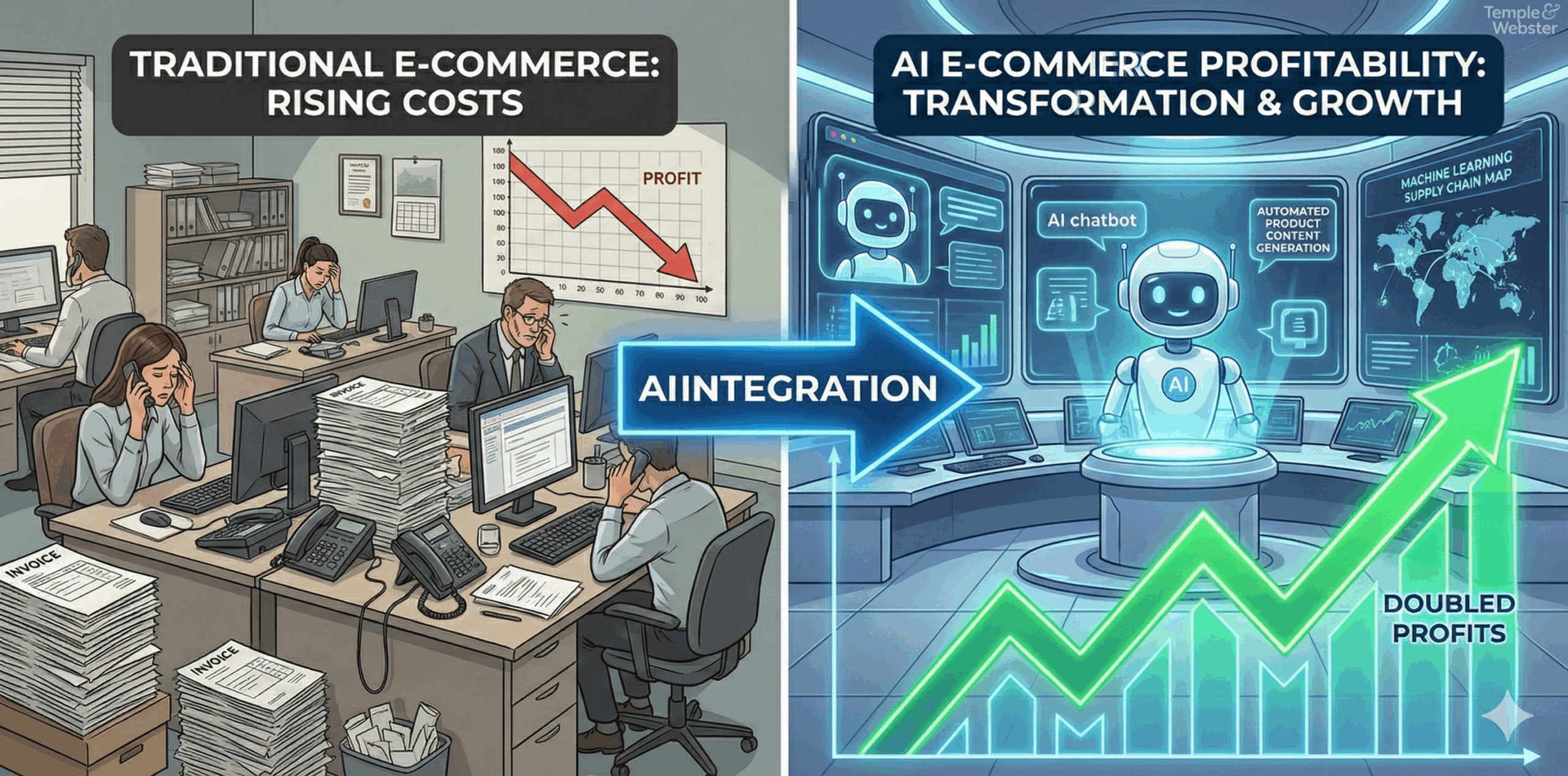 Temple & Webster AI e-commerce profitability dashboard showing customer service automation and operational efficiency gains through retail AI transformation