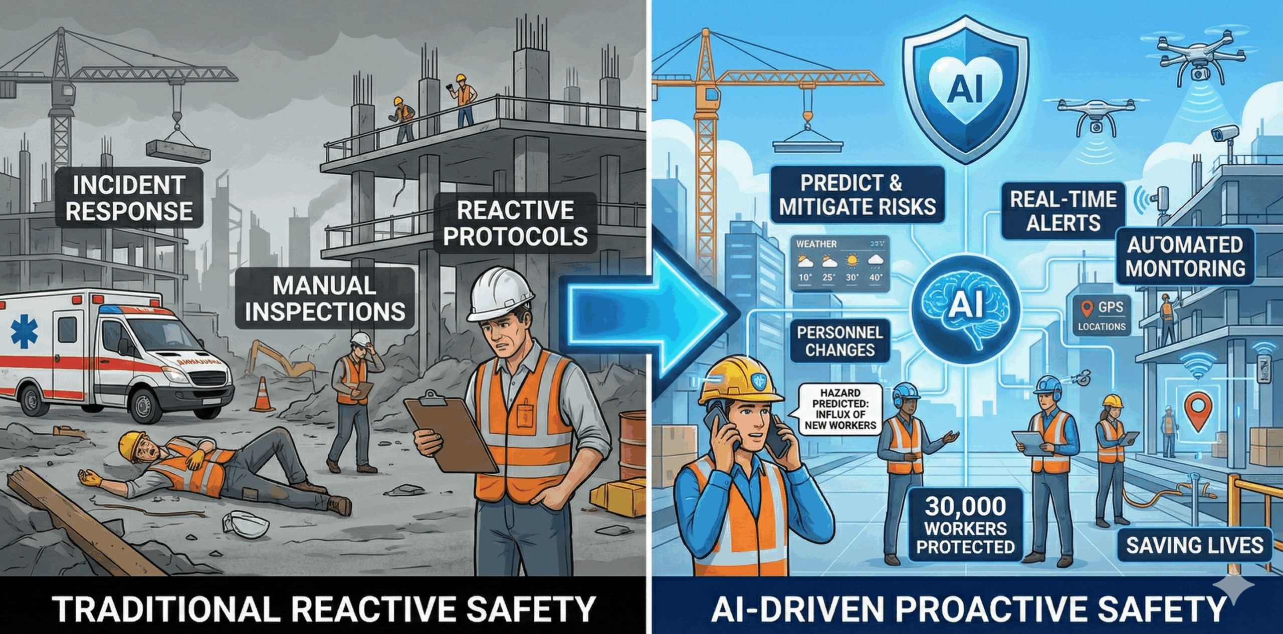 Shawmut AI construction safety dashboard showing predictive risk analysis and worker protection monitoring across multiple construction sites through AI technology