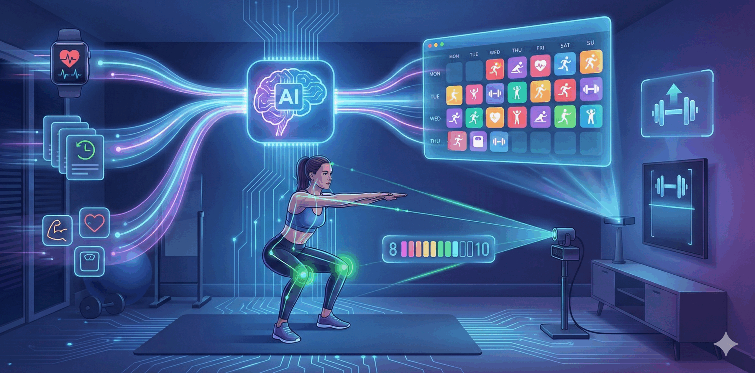 Peloton AI fitness personalization dashboard showing adaptive workout recommendations and real-time performance tracking through connected fitness technology