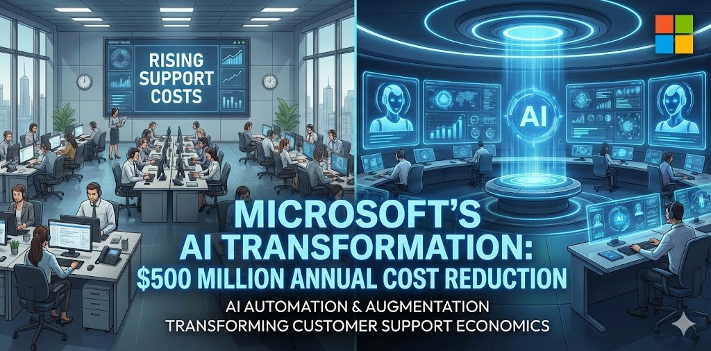 Microsoft AI cost reduction dashboard showing contact center automation savings and operational efficiency gains through strategic AI implementation