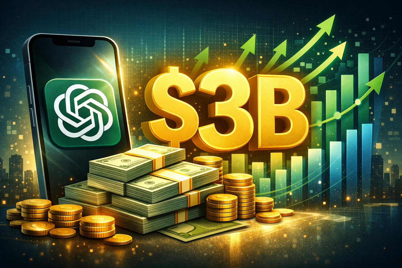 ChatGPT mobile revenue dashboard showing consumer spending growth and subscription adoption metrics demonstrating AI market validation and monetization success