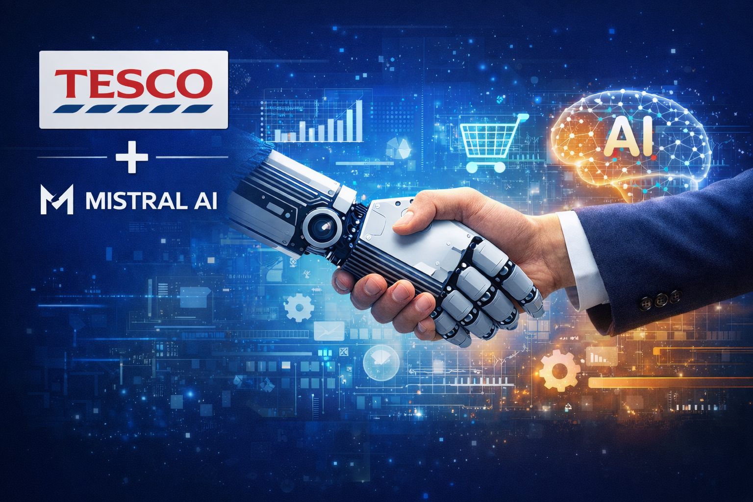 Tesco Mistral AI partnership dashboard showing retail transformation metrics and customer experience improvements through generative AI technology implementation