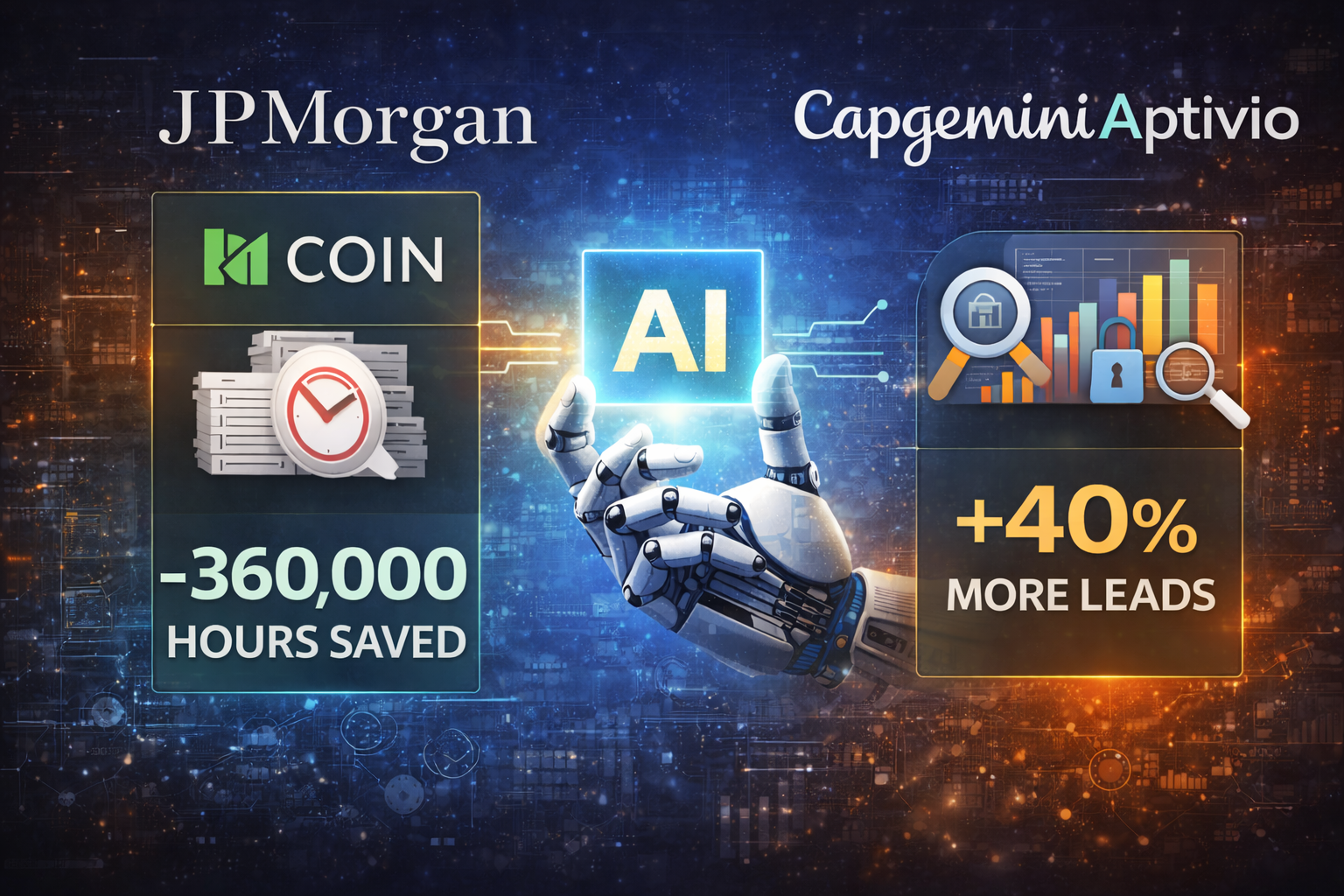 Dual AI automation dashboard showing JPMorgan COIN contract intelligence and Capgemini Aptivio buyer intent AI metrics demonstrating enterprise efficiency gains