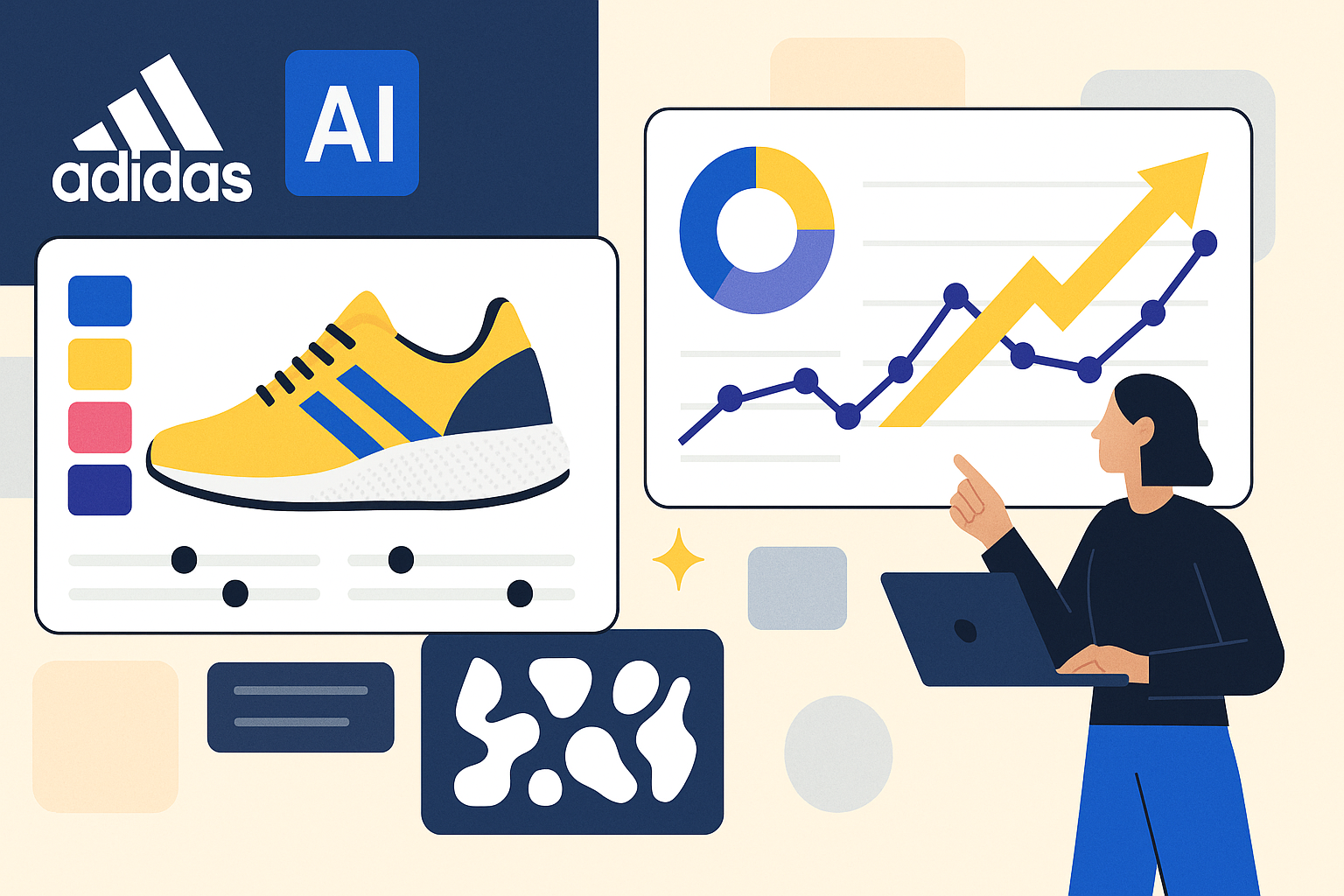Adidas AI product design dashboard showing generative design acceleration and sales growth through athletic footwear development innovation technology