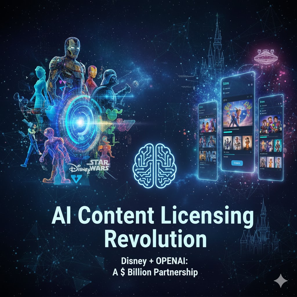 Disney OpenAI partnership dashboard showing AI content licensing framework and generative video capabilities for fan-created character content through Sora