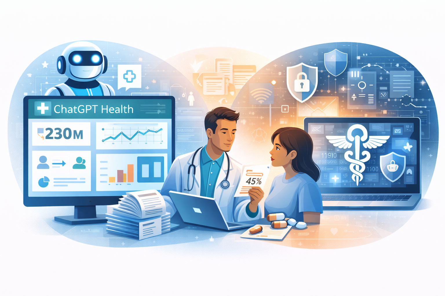 ChatGPT Health AI medicine dashboard showing healthcare chatbot usage statistics and medical accuracy concerns with privacy implications visualization