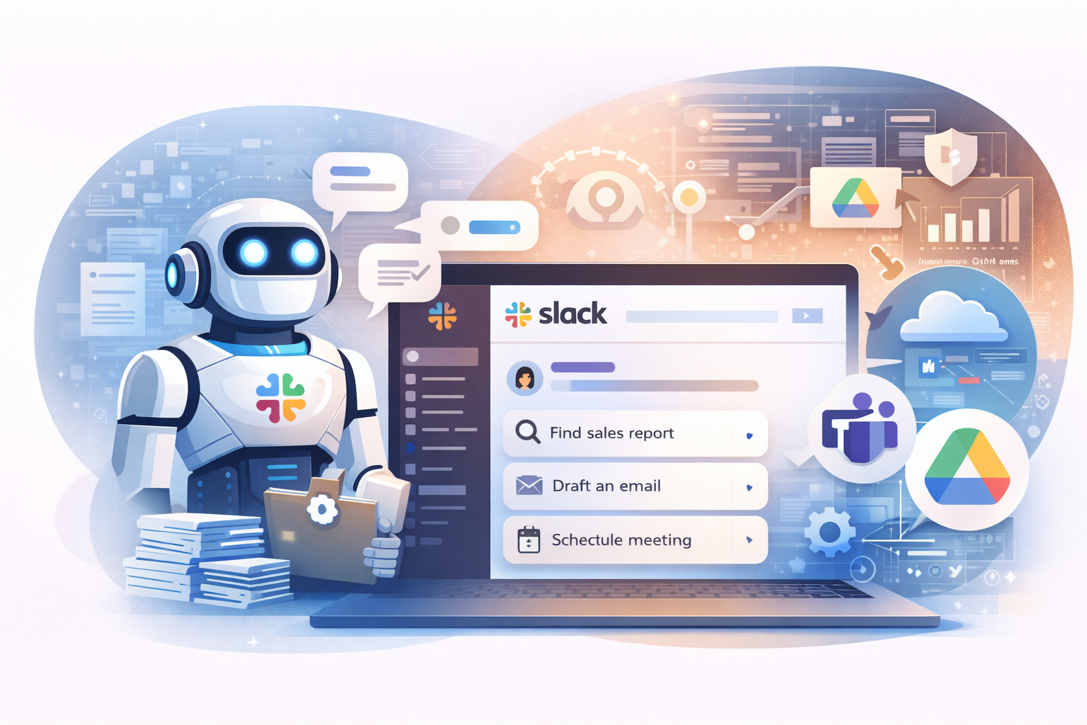 Slackbot AI agent interface showing enterprise automation capabilities and cross-platform integration for workplace productivity transformation