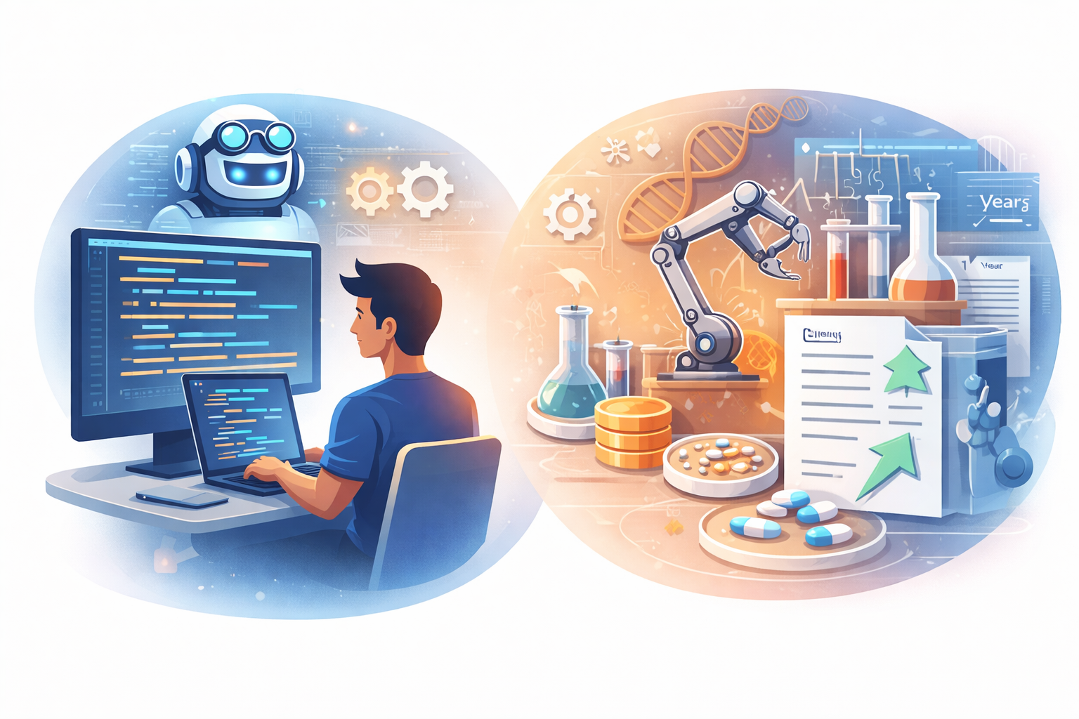 AI productivity gains data visualization showing developer efficiency improvements, drug discovery acceleration, and materials science optimization metrics
