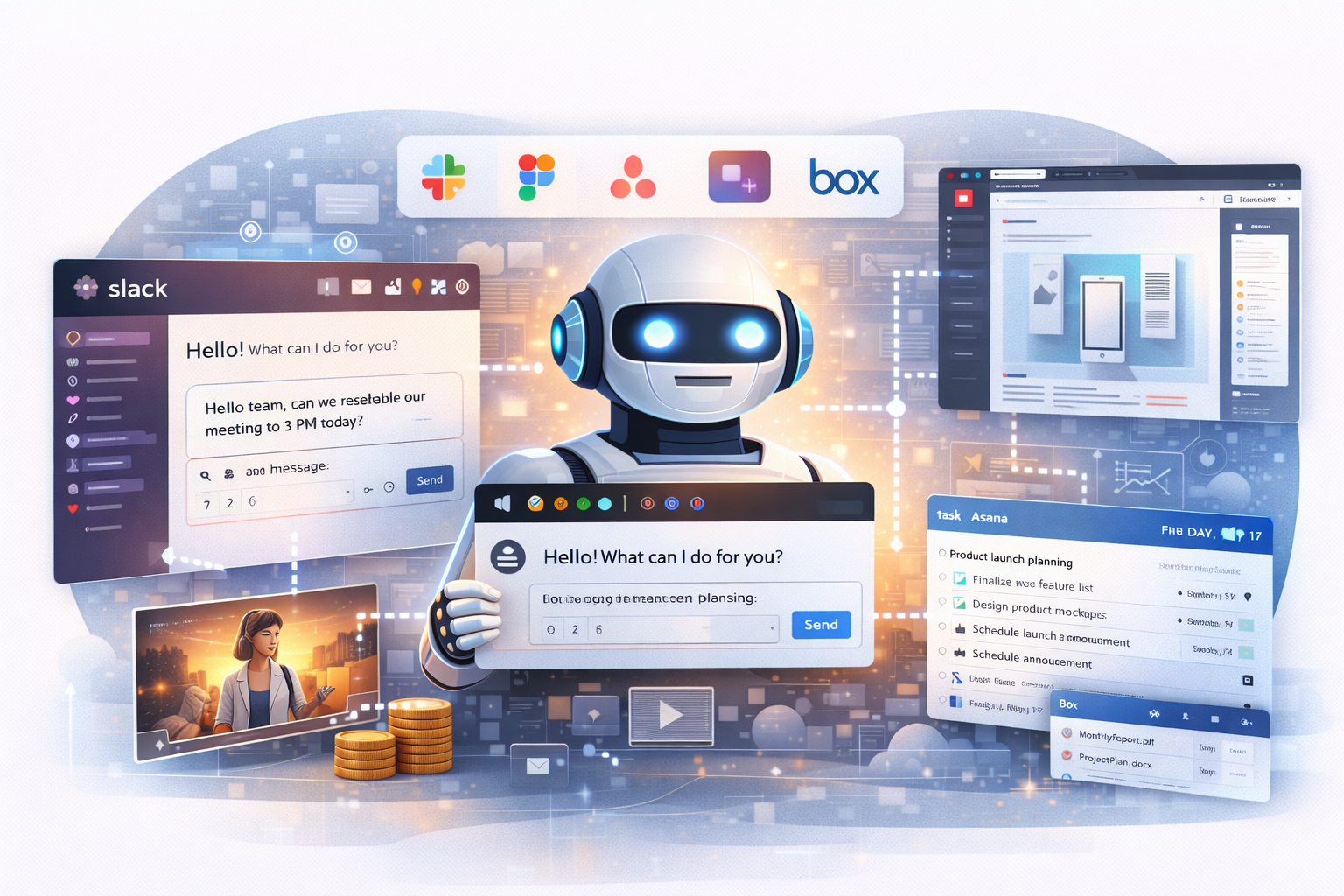 Claude interactive apps interface showing workplace tool integration with Slack, Figma, Asana embedded within chatbot for enterprise productivity automation