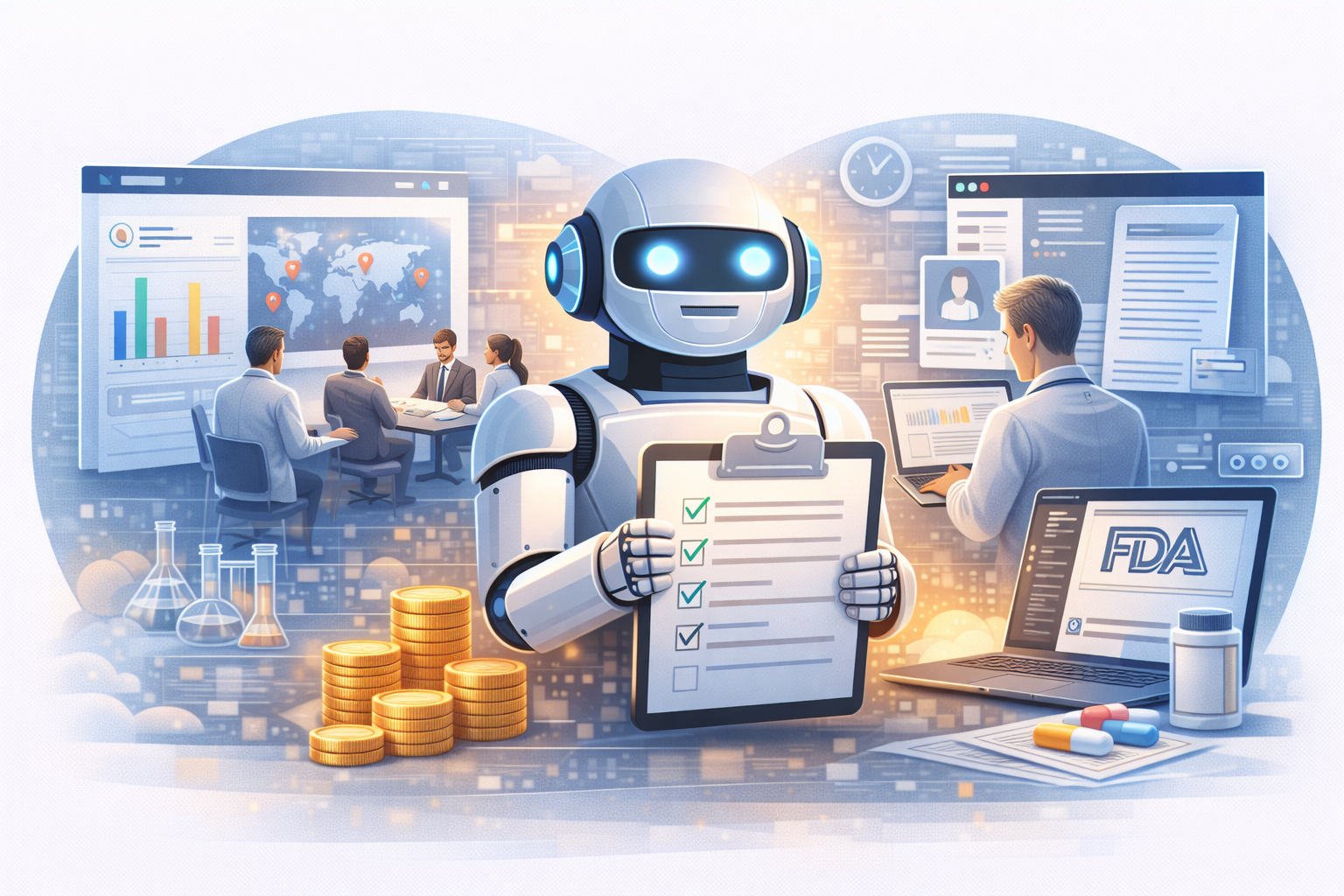 Pharmaceutical AI clinical trials visualization showing efficiency improvements and timeline reductions through automated trial operations and regulatory processes