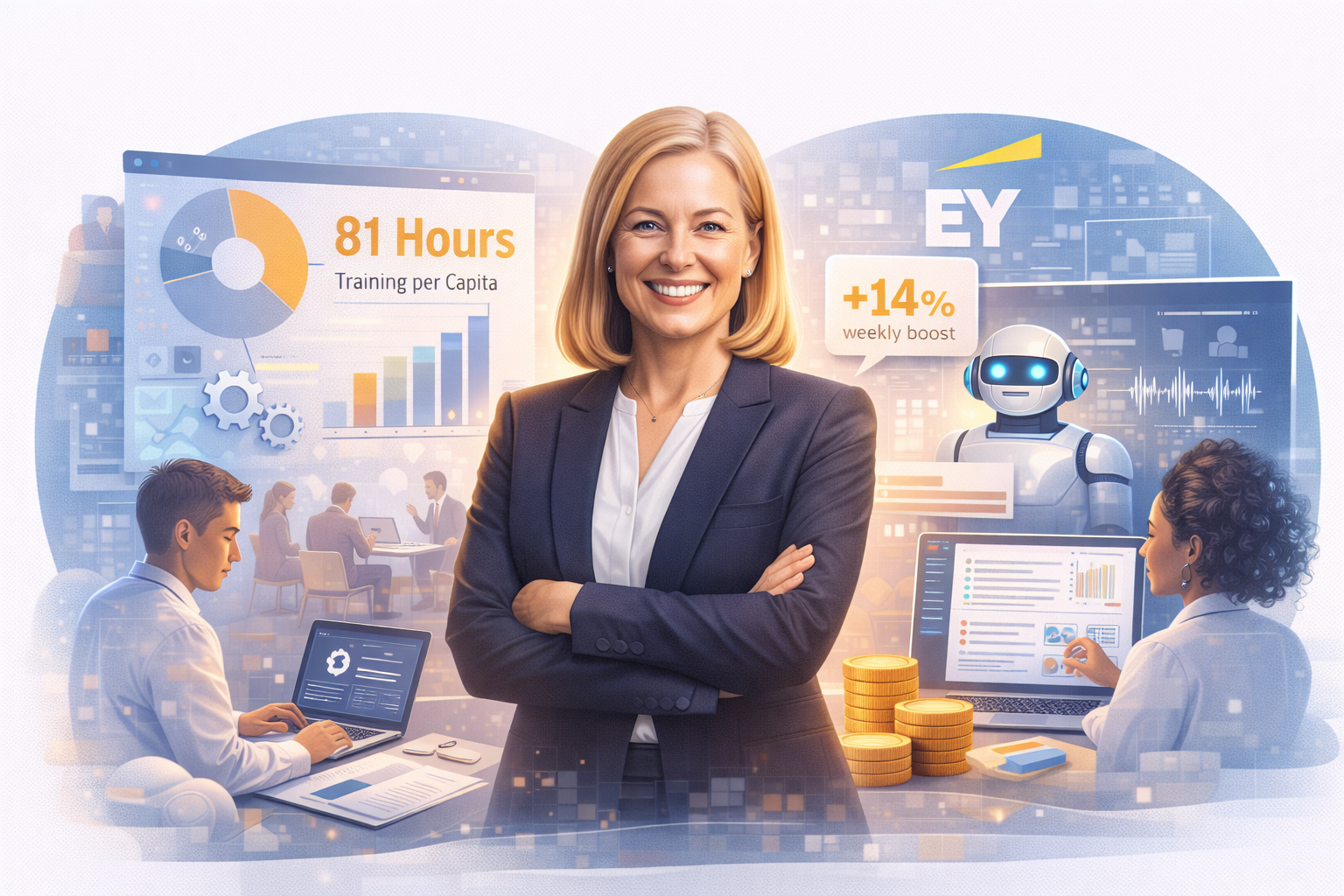 EY AI productivity research visualization showing training hours correlation with productivity gains and organizational transformation requirements for AI success