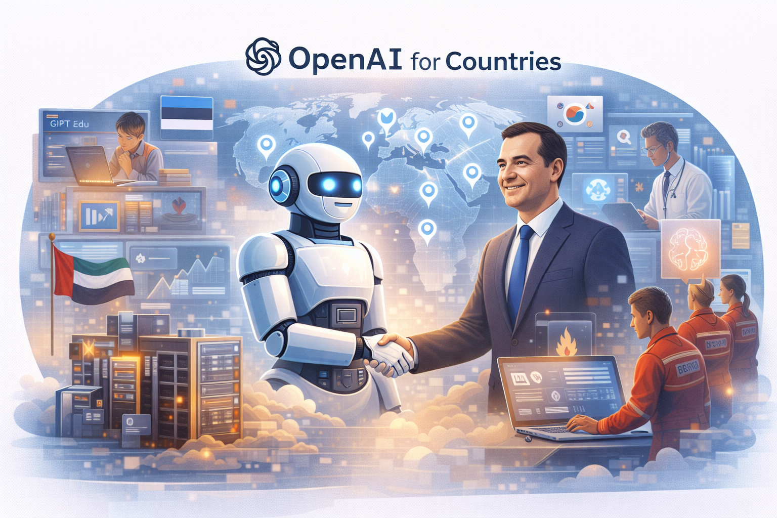 OpenAI for Countries initiative visualization showing government partnerships across 11 nations for education, healthcare, and disaster preparedness AI adoption