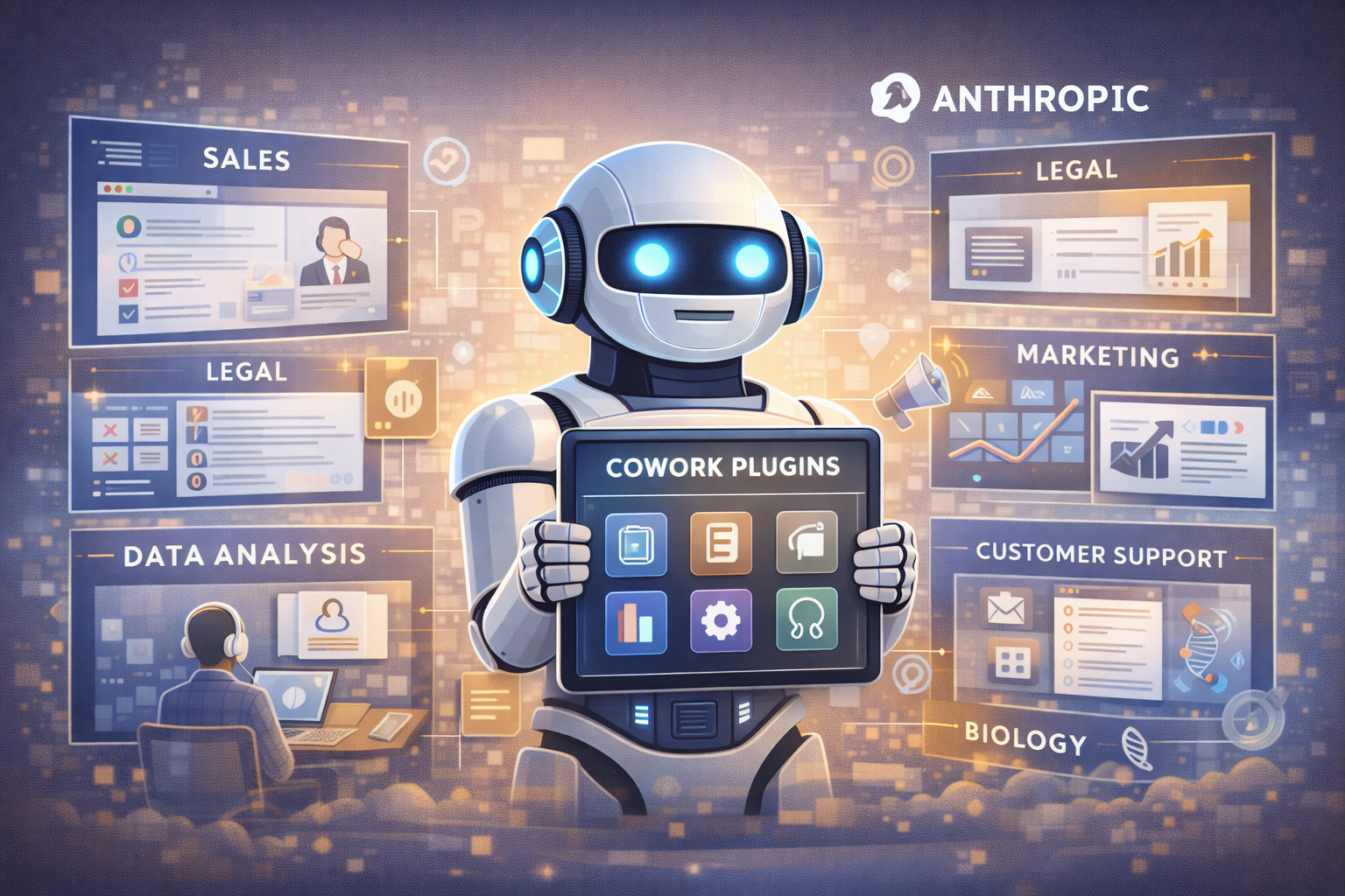 Anthropic Cowork plugins interface showing domain-specific AI agents for sales, legal, finance, and marketing with customizable workflow automation