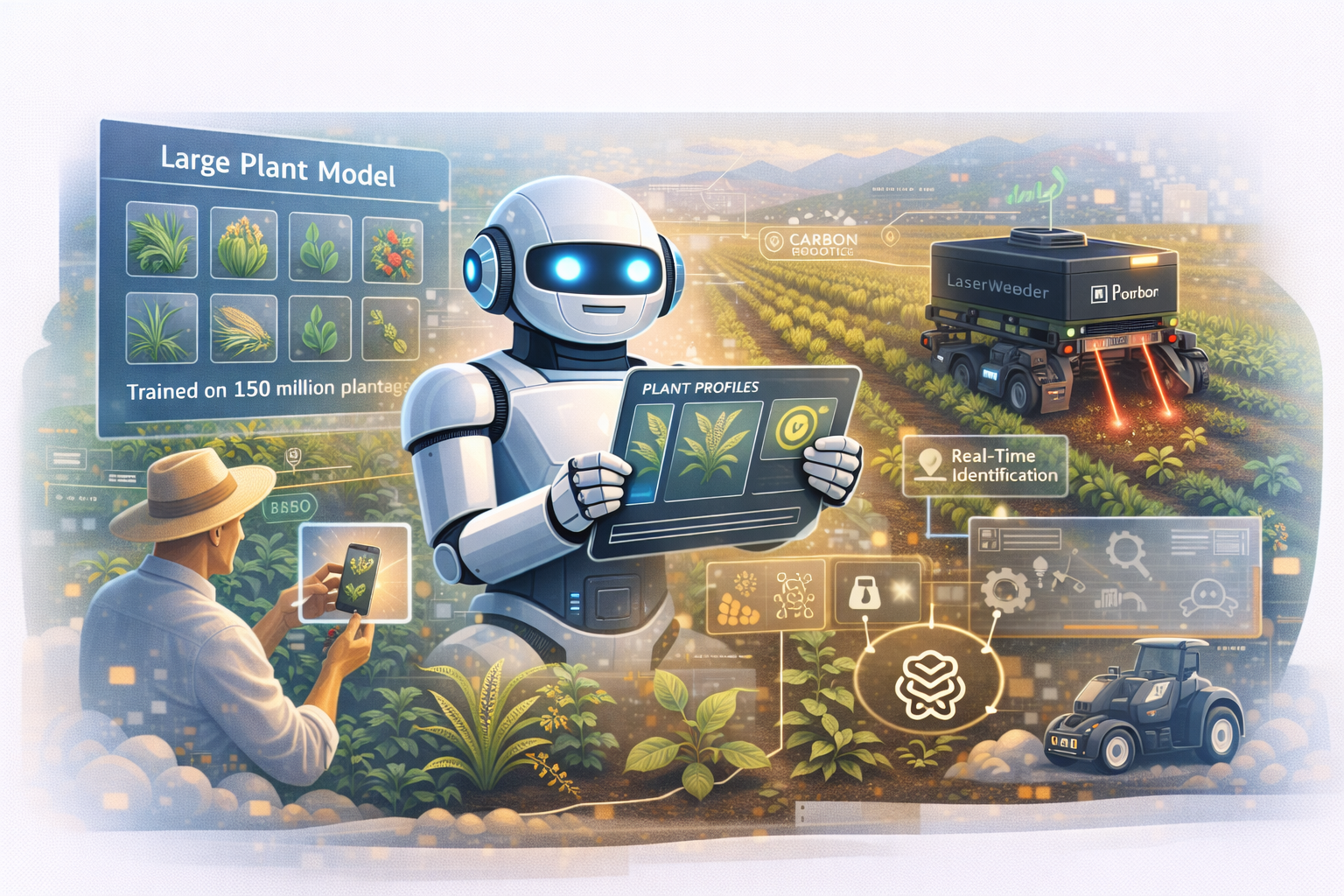 Carbon Robotics Large Plant Model visualization showing agricultural AI training on 150 million plant images for autonomous weed detection and crop identification